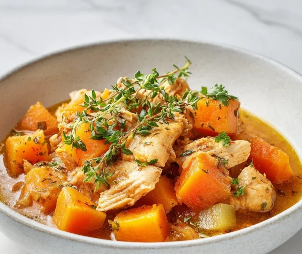Fall chicken and pumpkin stew simmering in a pot with vegetables and herbs