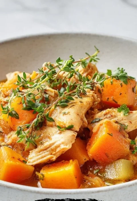 Fall chicken and pumpkin stew simmering in a pot with vegetables and herbs