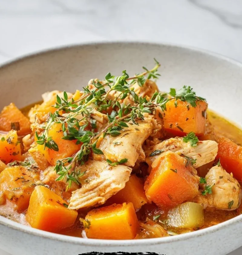 Fall chicken and pumpkin stew simmering in a pot with vegetables and herbs