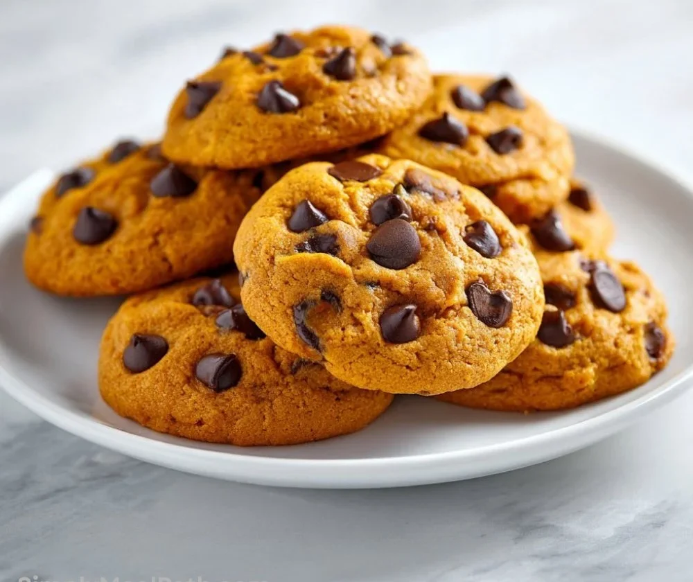 Freshly baked fall pumpkin chocolate chip cookies on a wooden table.