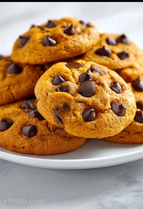 Freshly baked fall pumpkin chocolate chip cookies on a wooden table.