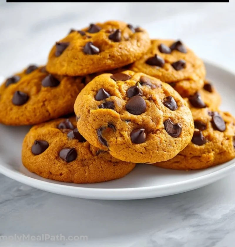 Freshly baked fall pumpkin chocolate chip cookies on a wooden table.