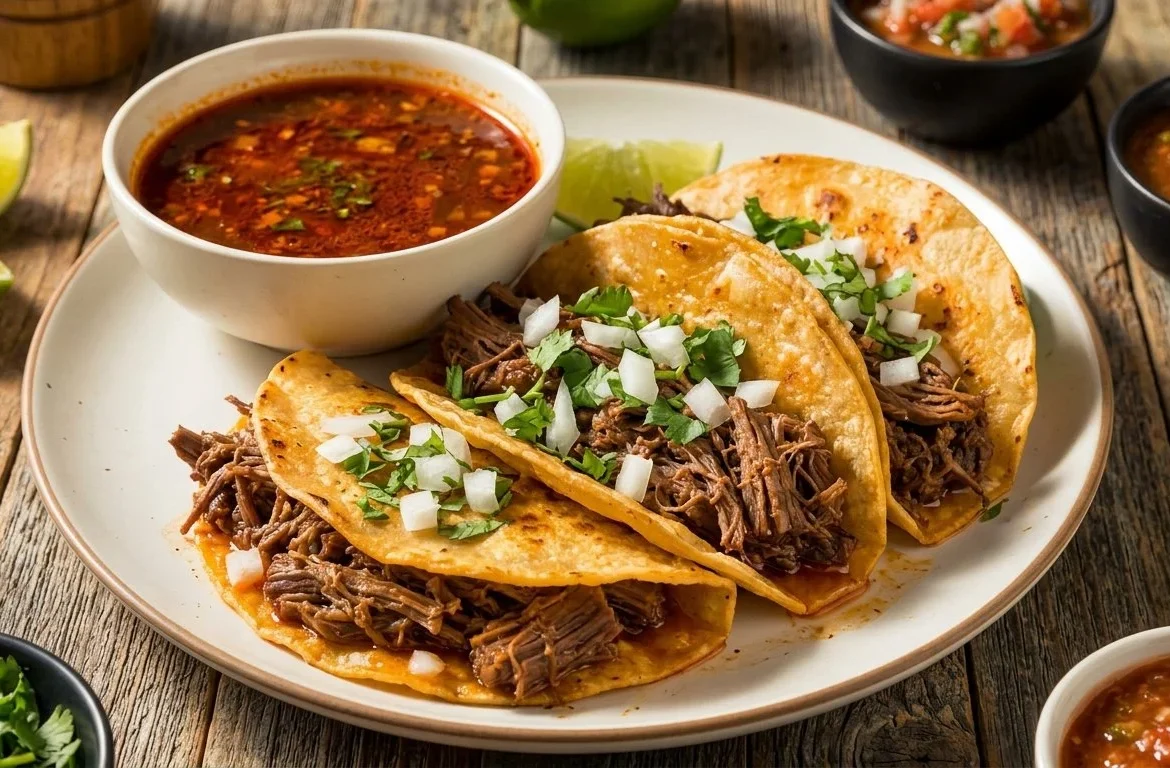 Delicious homemade Birria Tacos served with savory dipping broth.