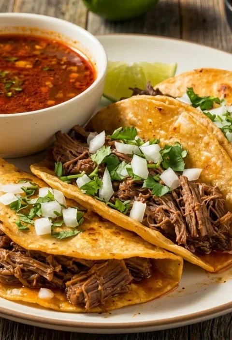 Delicious homemade Birria Tacos served with savory dipping broth.