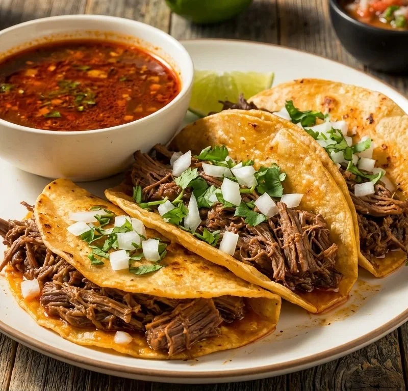 Delicious homemade Birria Tacos served with savory dipping broth.