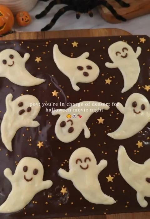Fudgy ghost brownies decorated for Halloween