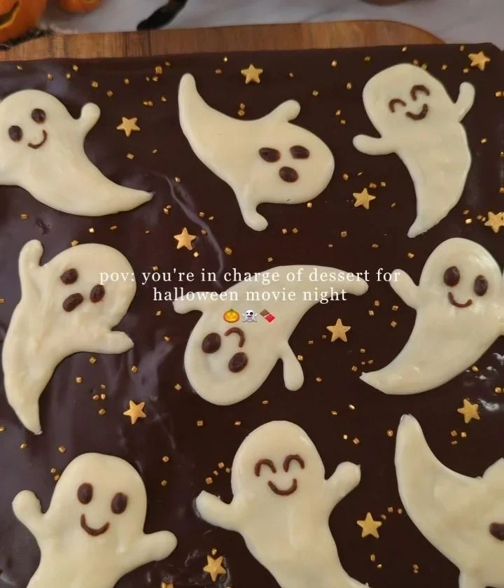 Fudgy ghost brownies decorated for Halloween