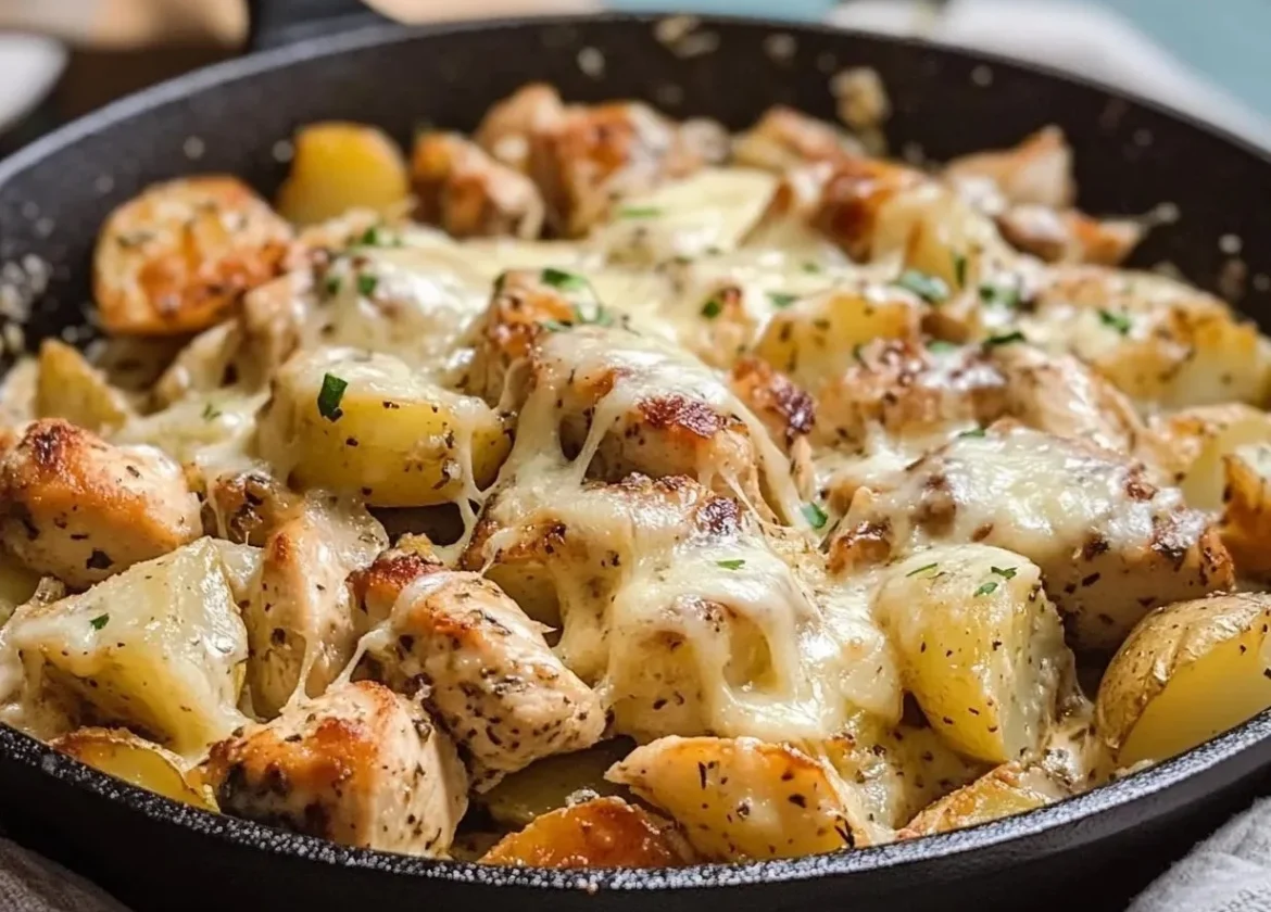 Garlic Parmesan Chicken and Potatoes Skillet served in a pan with herbs