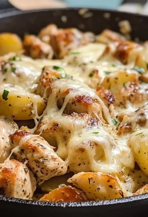 Garlic Parmesan Chicken and Potatoes Skillet served in a pan with herbs