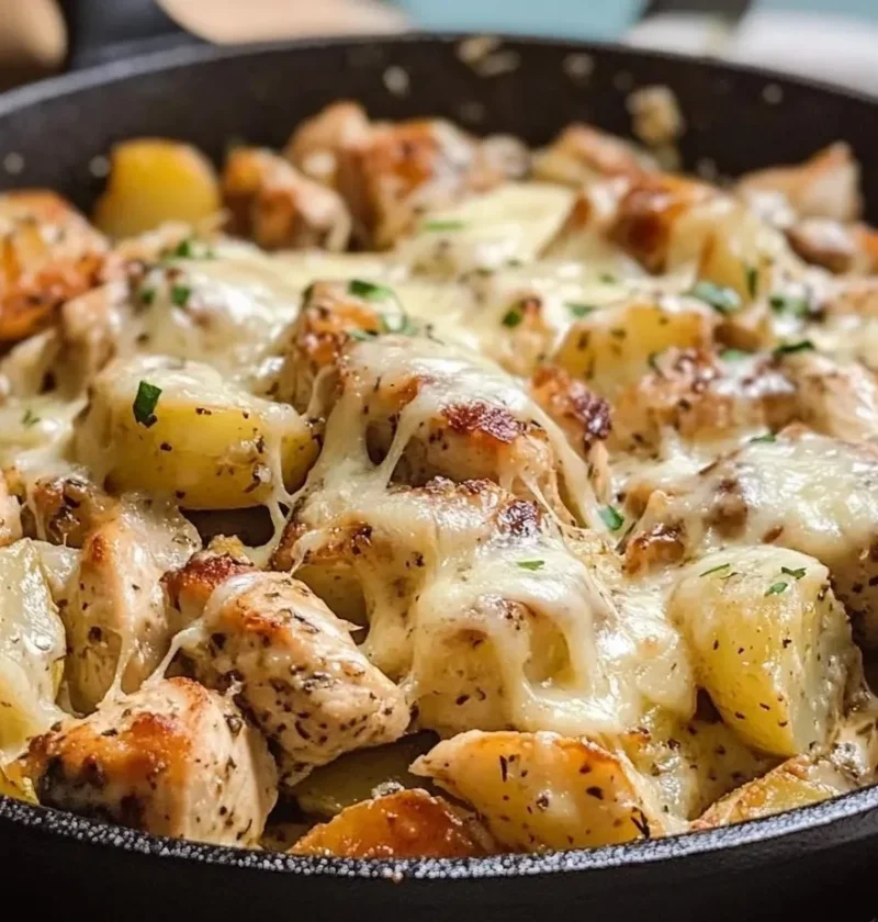 Garlic Parmesan Chicken and Potatoes Skillet served in a pan with herbs