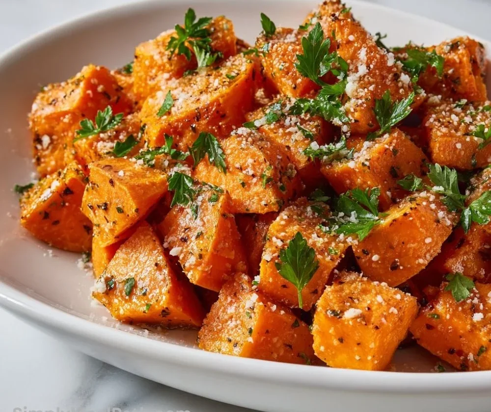 Garlic Parmesan Roasted Sweet Potatoes served in a bowl