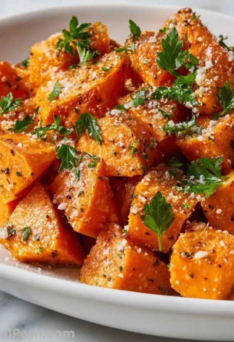 Garlic Parmesan Roasted Sweet Potatoes served in a bowl