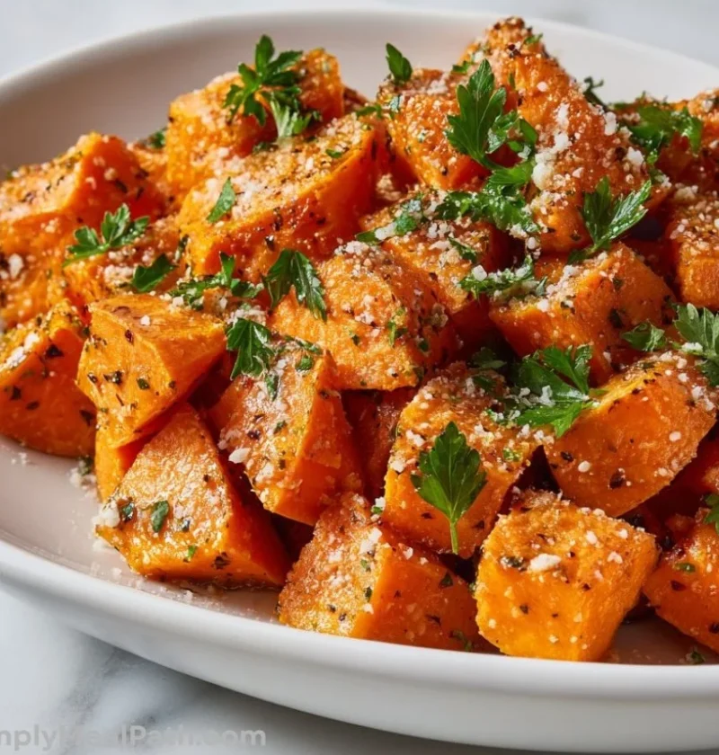 Garlic Parmesan Roasted Sweet Potatoes served in a bowl
