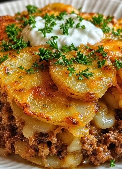 Healthy Loaded Beef and Potato Bake with vegetables and cheese