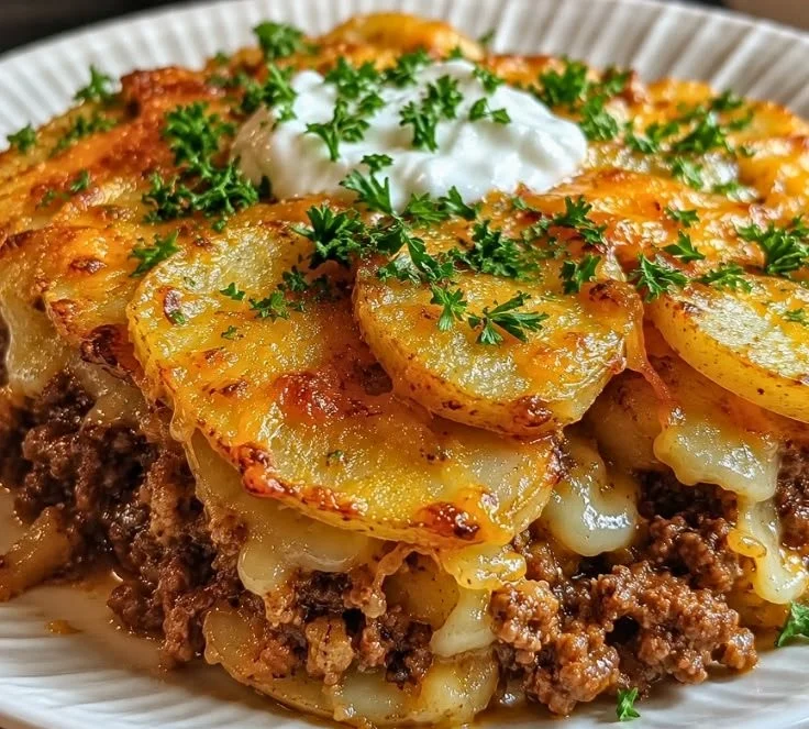 Healthy Loaded Beef and Potato Bake with vegetables and cheese