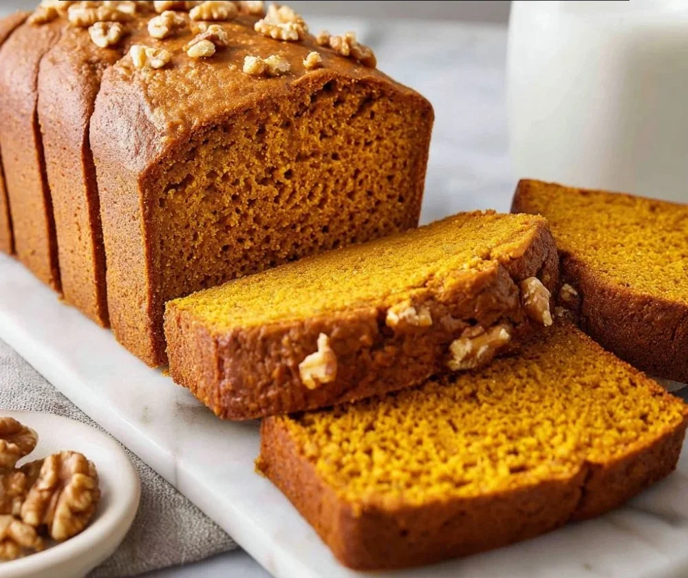 Slice of healthy pumpkin bread on a rustic table with fall decor.