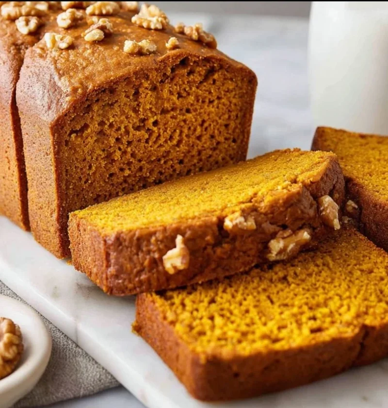 Slice of healthy pumpkin bread on a rustic table with fall decor.