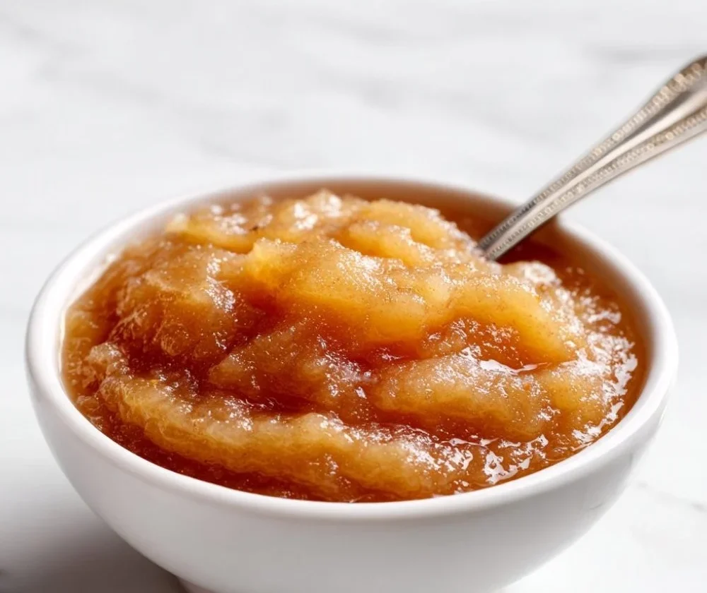 Bowl of homemade crockpot applesauce made with fresh apples and spices
