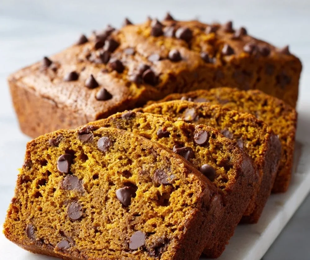 Loaf of homemade pumpkin bread baked in a rustic kitchen setting