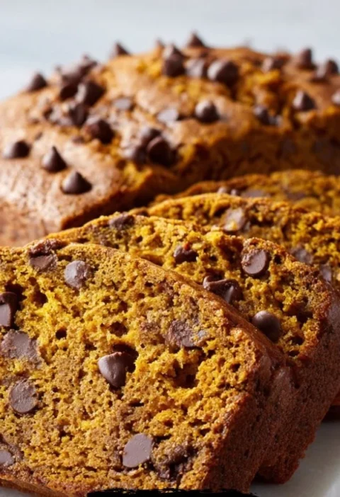 Loaf of homemade pumpkin bread baked in a rustic kitchen setting