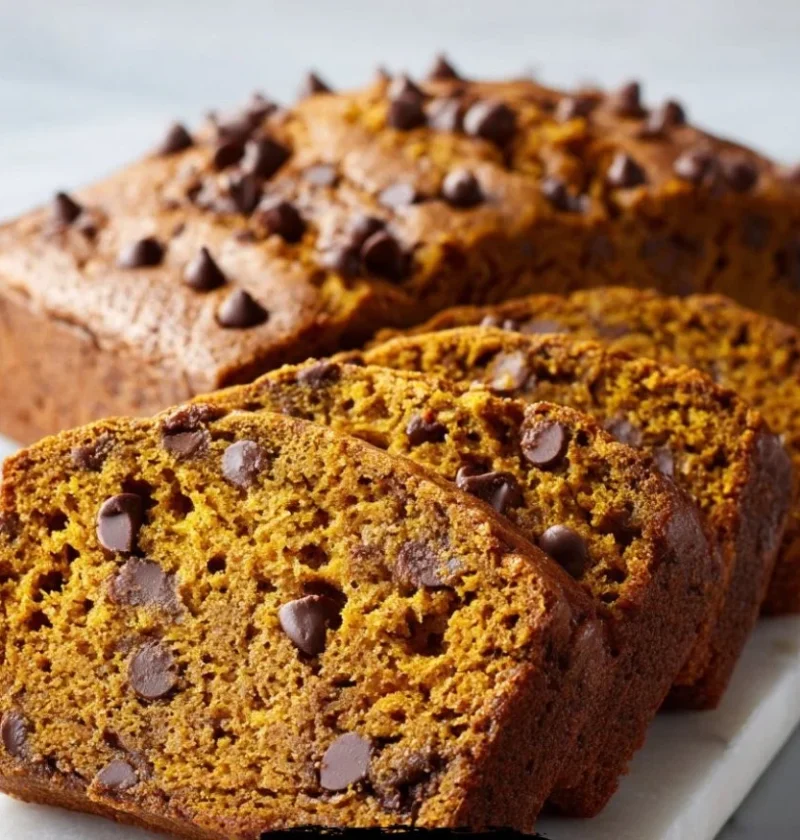 Loaf of homemade pumpkin bread baked in a rustic kitchen setting