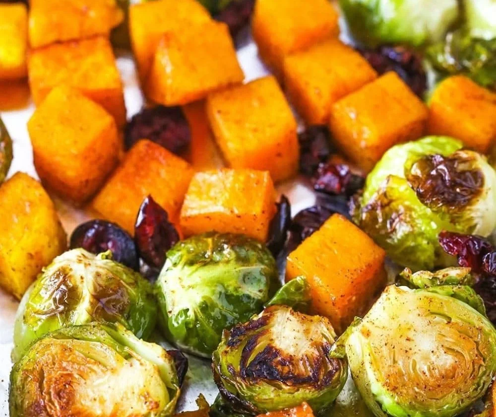 Delicious honey-glazed Brussels sprouts with butternut squash and cranberries