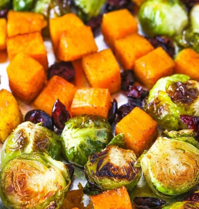 Delicious honey-glazed Brussels sprouts with butternut squash and cranberries