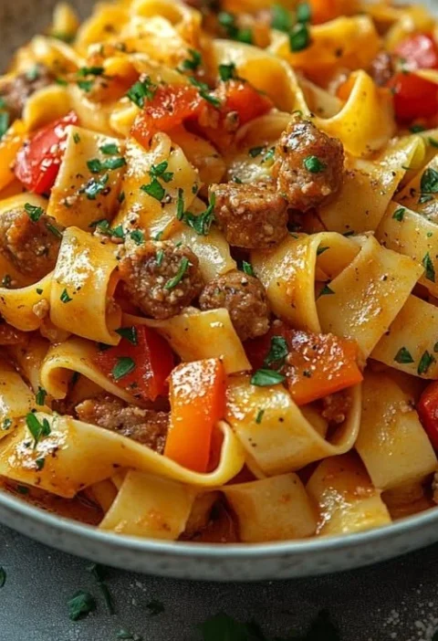 Italian Drunken Noodles garnished with fresh herbs