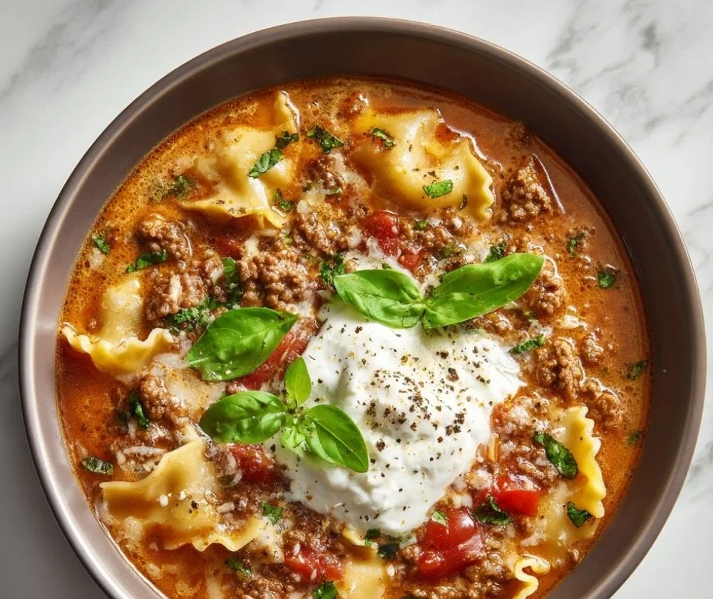 A bowl of lasagna soup topped with cheese and herbs, perfect for busy weeknights