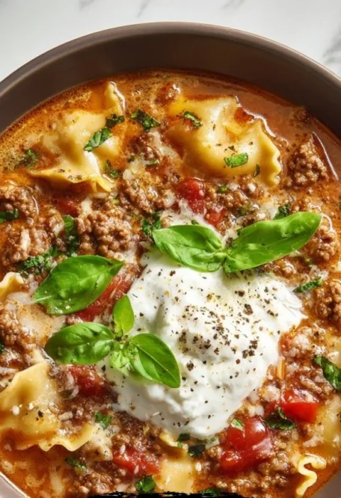A bowl of lasagna soup topped with cheese and herbs, perfect for busy weeknights