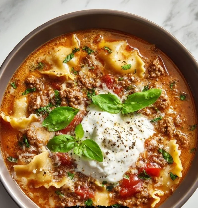 A bowl of lasagna soup topped with cheese and herbs, perfect for busy weeknights