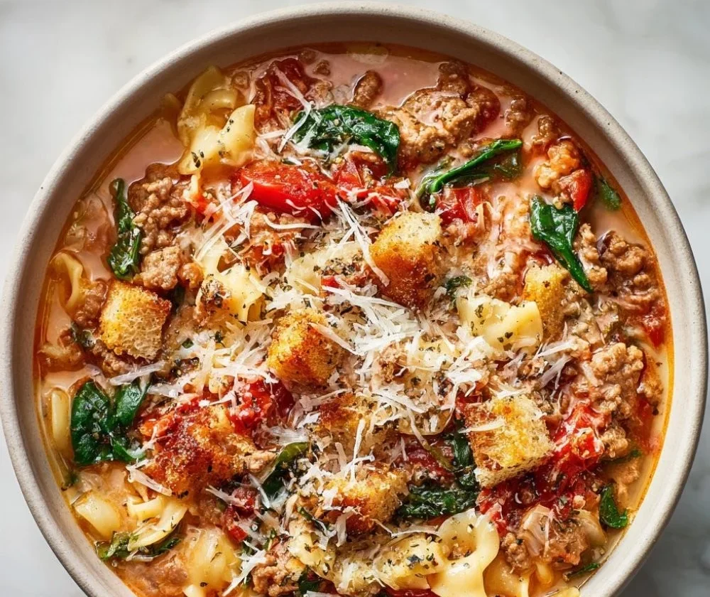 Delicious bowl of lasagna soup topped with cheese and herbs for a comforting family dinner