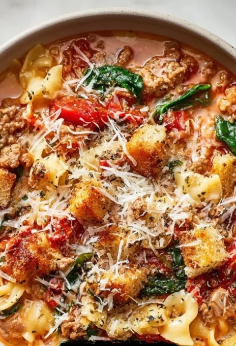Delicious bowl of lasagna soup topped with cheese and herbs for a comforting family dinner