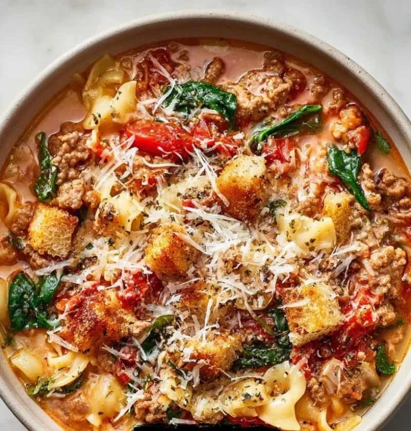 Delicious bowl of lasagna soup topped with cheese and herbs for a comforting family dinner
