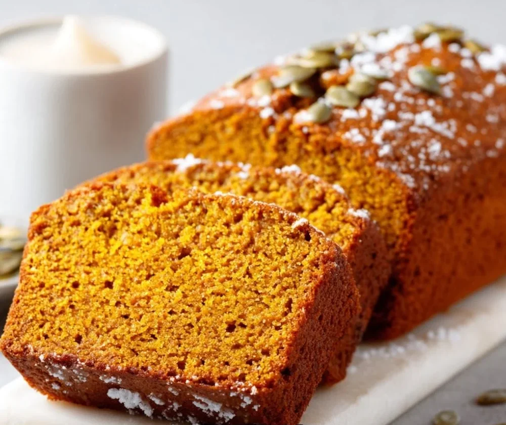 Deliciously moist pumpkin bread loaf on a rustic table with fall decorations.