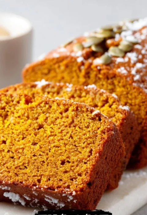 Deliciously moist pumpkin bread loaf on a rustic table with fall decorations.