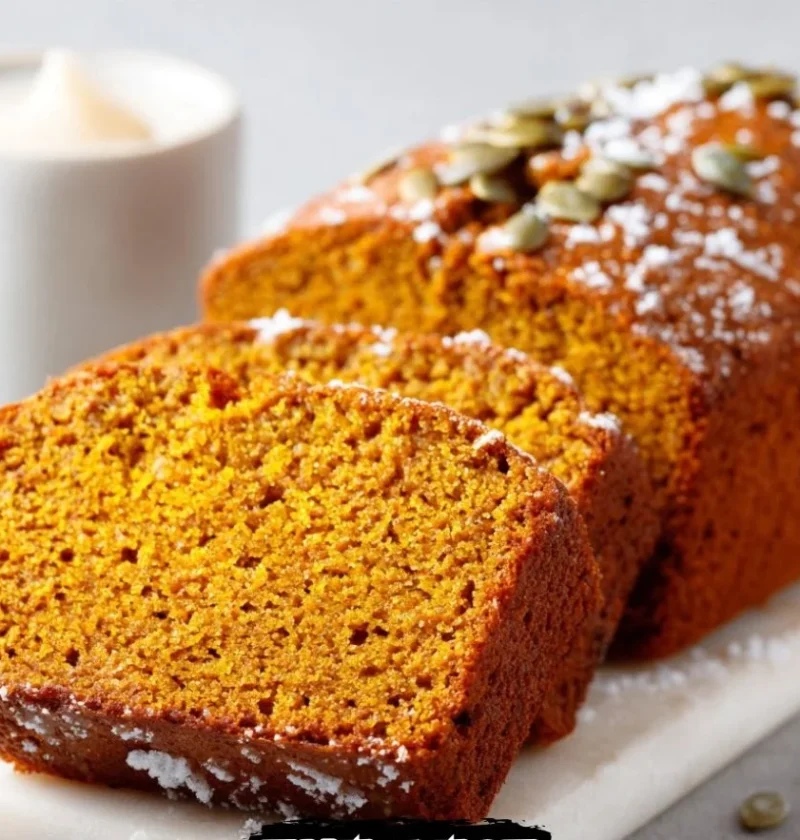 Deliciously moist pumpkin bread loaf on a rustic table with fall decorations.