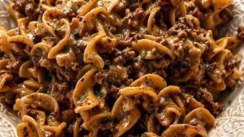 One-Pan Beef and Noodles dish with fresh ingredients cooked together for a quick meal