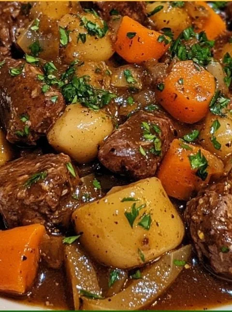 A hearty one-pot autumn beef stew simmering with fresh vegetables and tender meat.