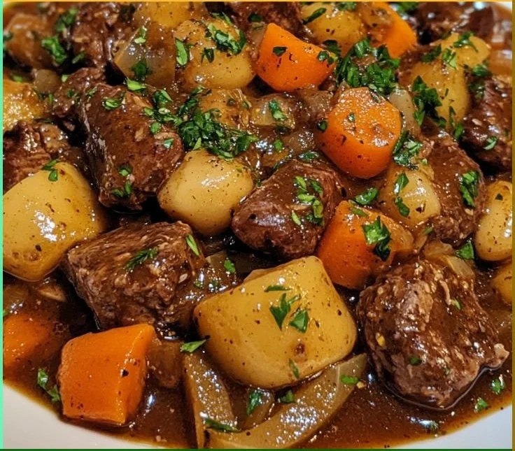 A hearty one-pot autumn beef stew simmering with fresh vegetables and tender meat.