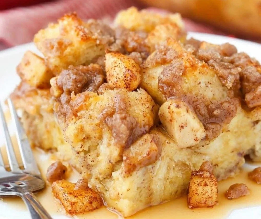 Overnight Cinnamon Apple French Toast Casserole served with apple slices