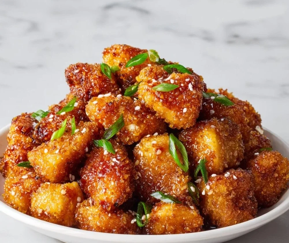 Panko-crusted honey garlic chicken bites served on a plate