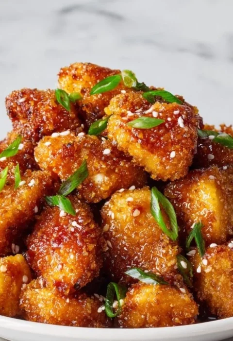 Panko-crusted honey garlic chicken bites served on a plate