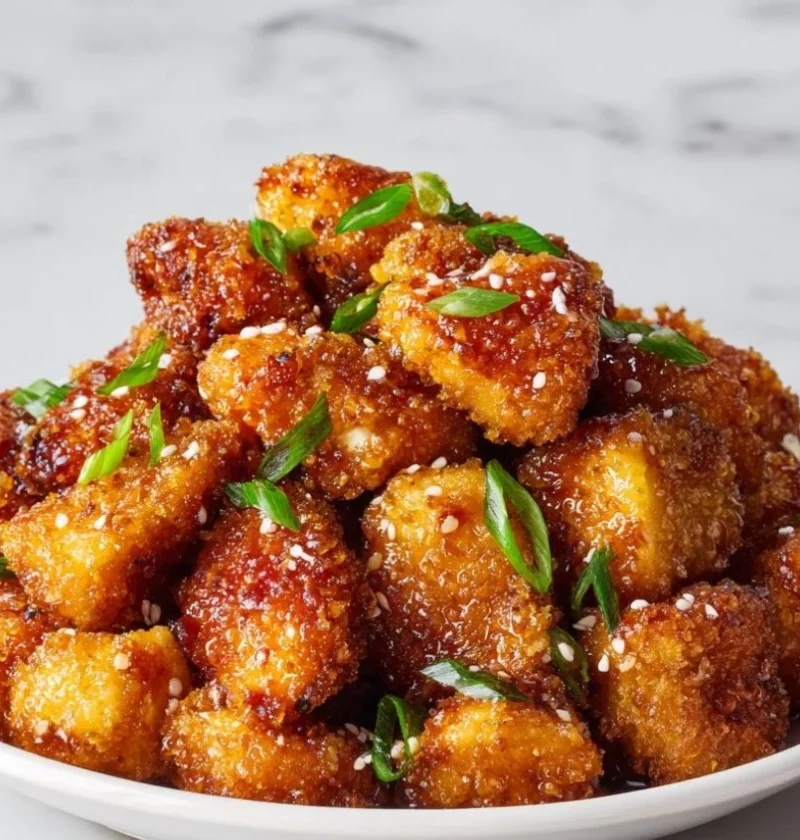 Panko-crusted honey garlic chicken bites served on a plate