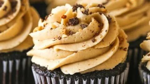 Delicious peanut butter chocolate cupcakes topped with creamy frosting