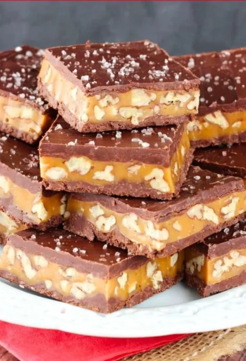 Homemade Pecan Caramel Turtle Candy Bars with chocolate and nuts