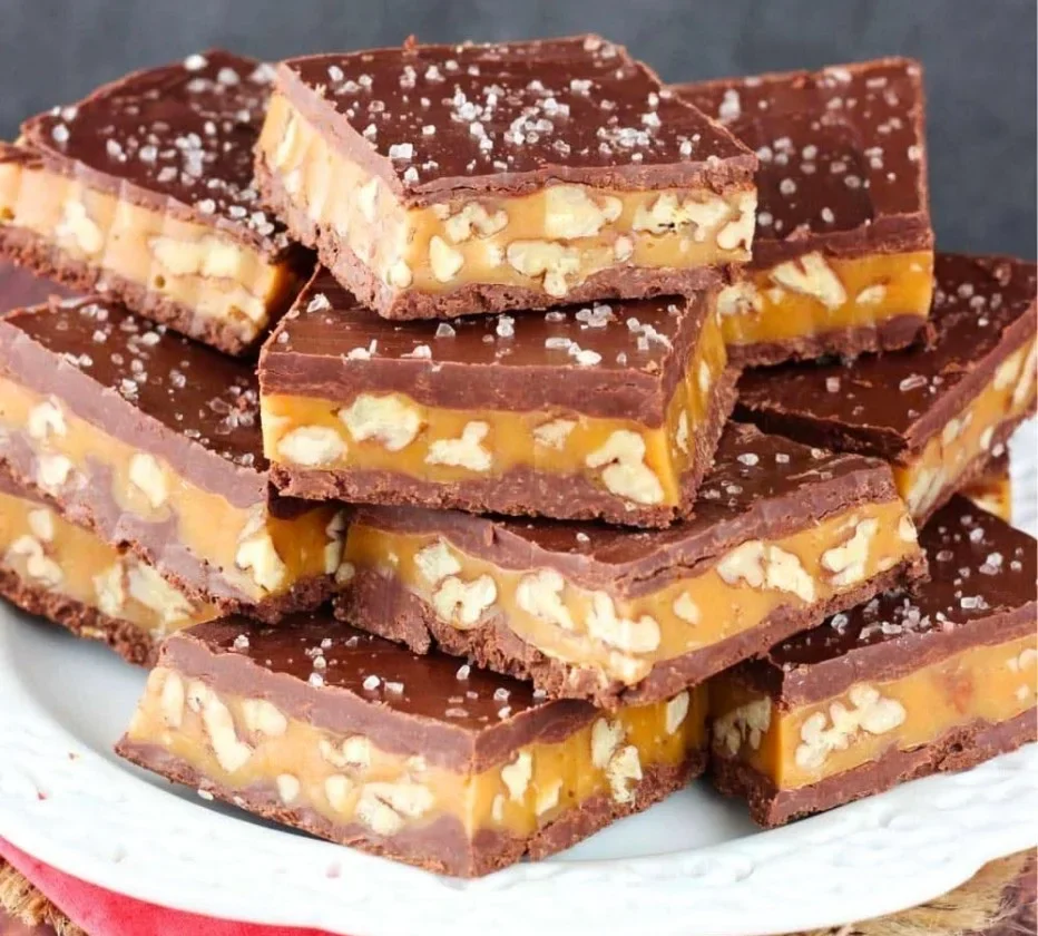Homemade Pecan Caramel Turtle Candy Bars with chocolate and nuts