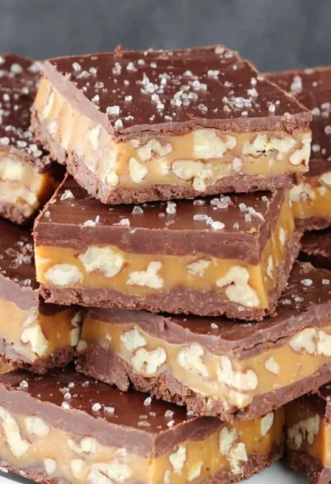 Delicious pecan caramel turtle candy bars with chocolate, pecans, and caramel