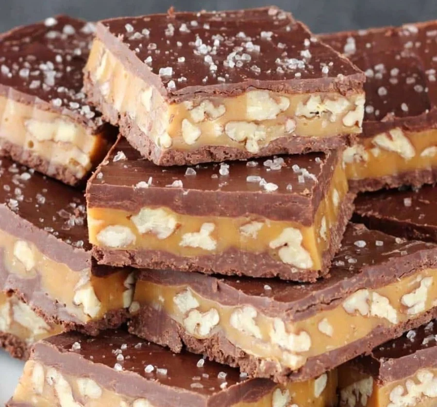 Delicious pecan caramel turtle candy bars with chocolate, pecans, and caramel