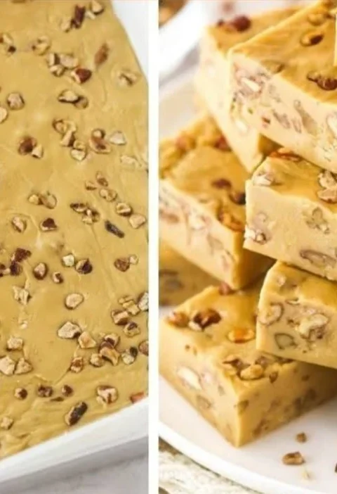 Delicious pecan praline fudge displayed on a platter with pecans.